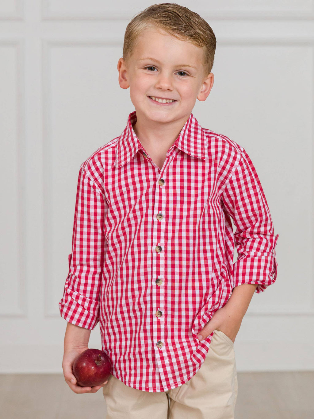 Boys Classic Red Gingham Long Sleeve Button Down Shirt