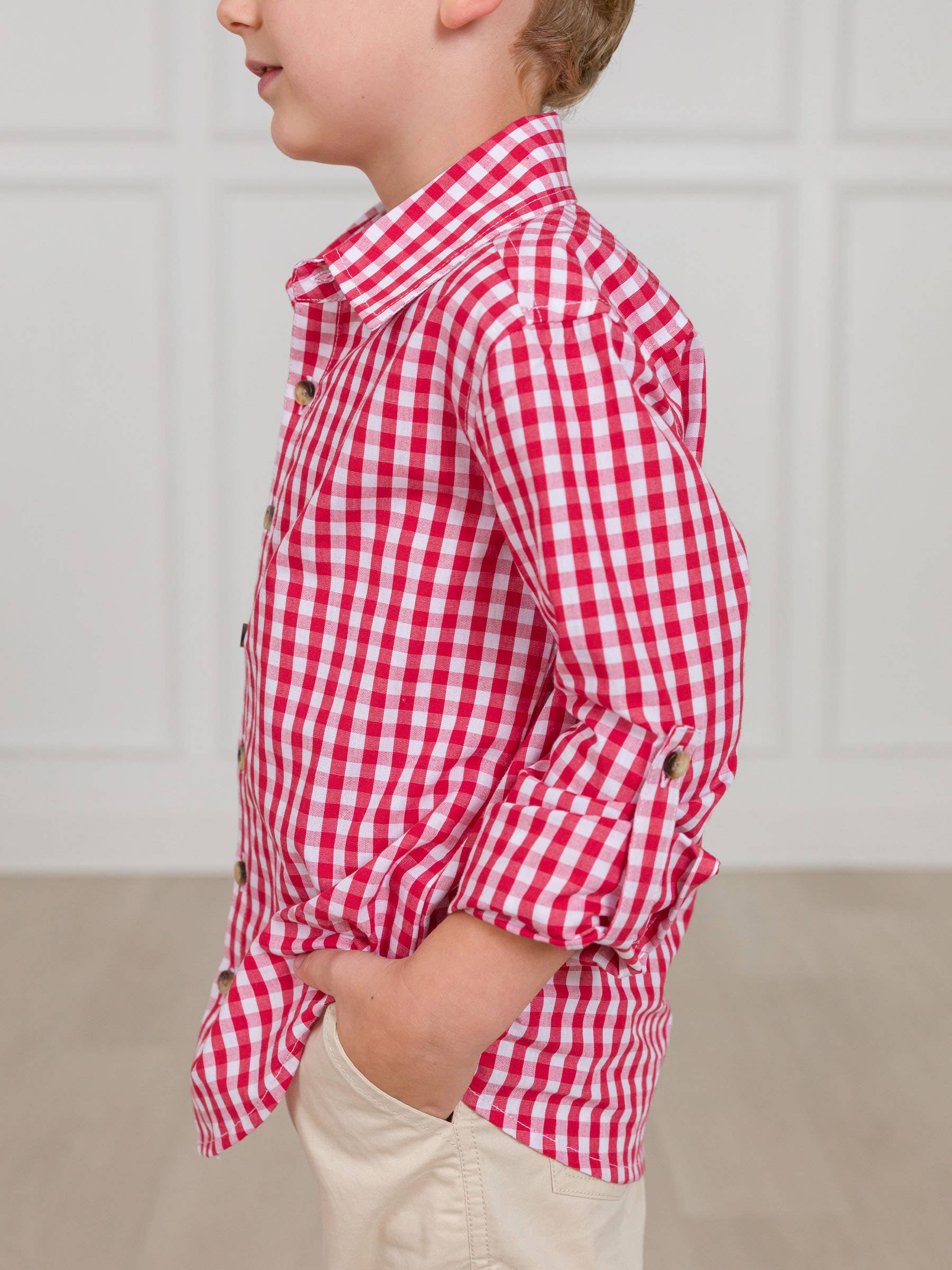 Boys Classic Red Gingham Long Sleeve Button Down Shirt